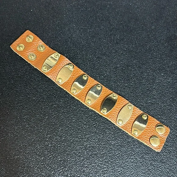 Gold Studded Brown Leather Bracelet - Picture 2 of 6